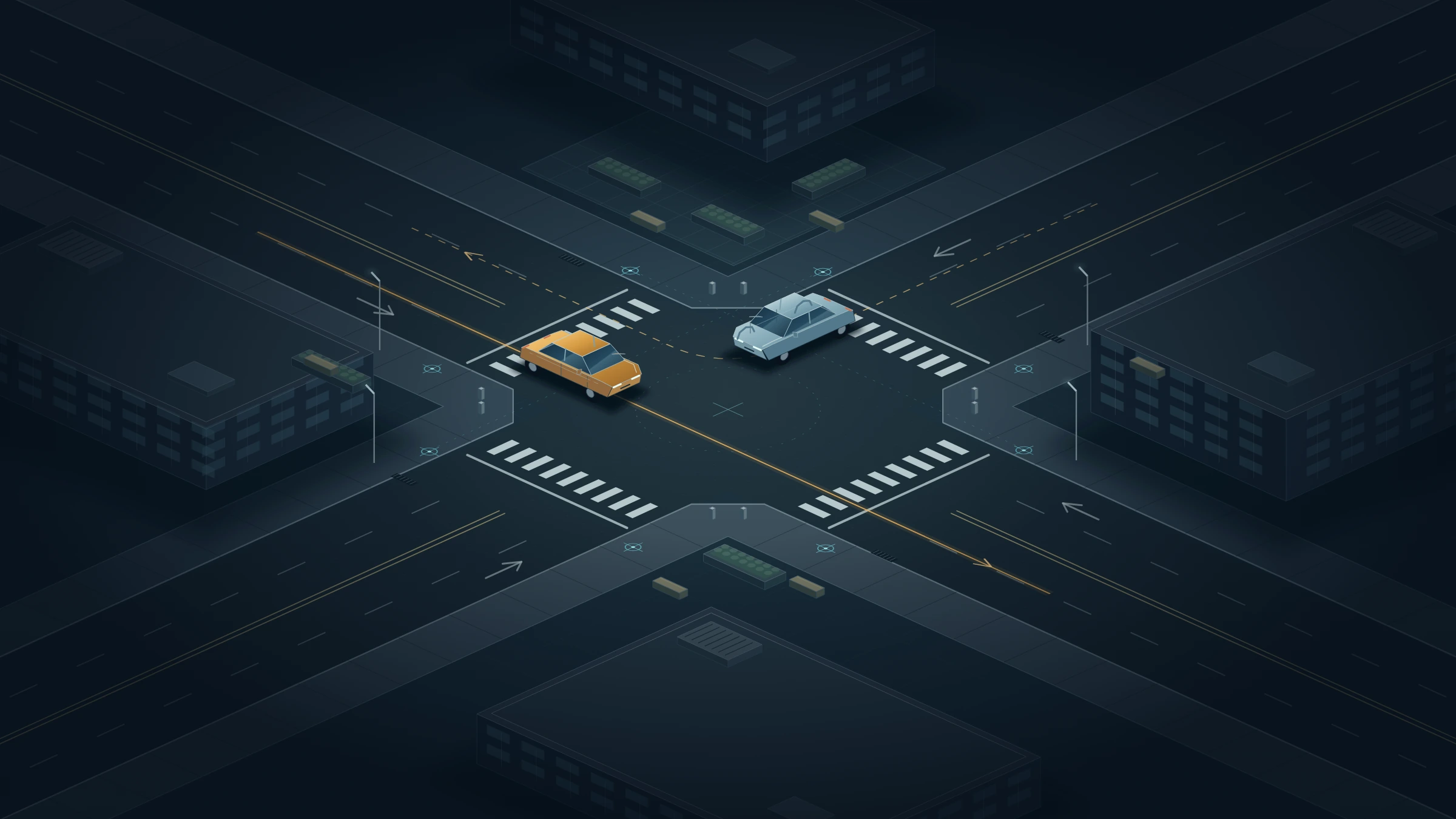 Illustrative concept of a fictional intersection with vehicles, road markings and scene reference points.